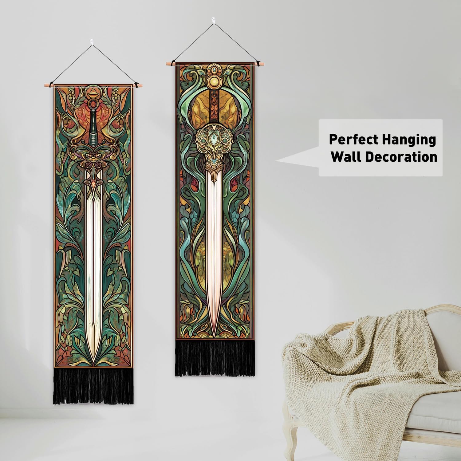 PLIGREAT 2 Pack Fantasy Weapons Vertical Tapestry Swords Aesthetic Wall Hanging for Bedroom Bathroom Living Room Vintage Long Narrow Wall Hanging Dorm Room Home Art Decor