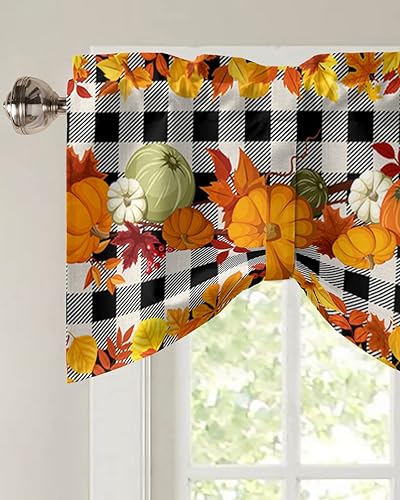 Miniatura 3 de Cenefa de Acción de Gracias para ventanas, cenefa de hojas de otoño a cuadros de calabaza para sala de estar, dormitorio, bolsillo para barra,