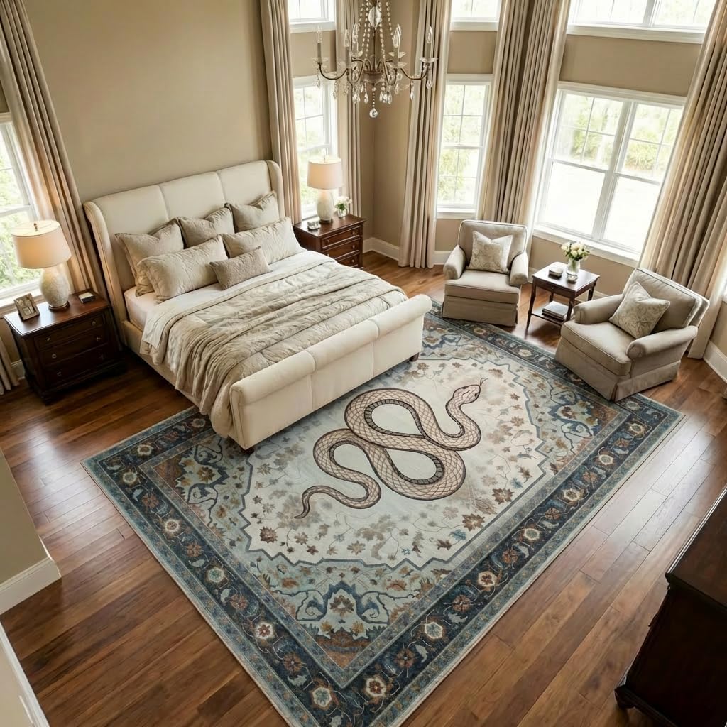 8x10 Area Rug Vintage Persian Snake Motif Rug with Non Slip Backing, Washable Low Pile Soft Off-White Teal Blue Carpet for Bedroom, Living Room, Home Office, Eclectic Decor