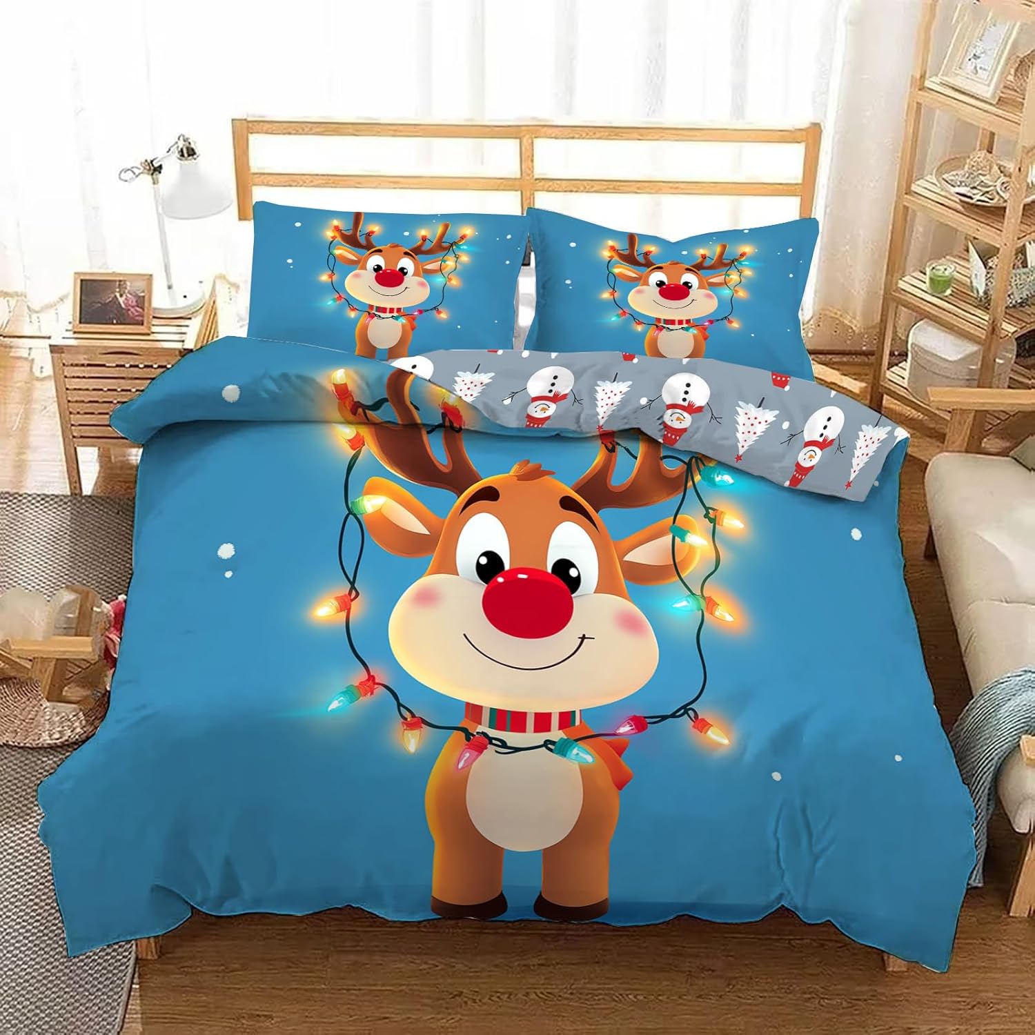 Christmas Quilt Set Queen - Blue Cartoon Christmas elk Quilts for Queen Size Bed, Suitable for Teenagers Pattern Bedding Set - Soft Microfiber Lightweight Coverlet Bedspread Comforter