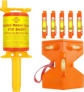 Mason Line 540 FT #18 Braided Nylon Mason String with Post & Pipe Level & 5 Built-in Levels and Spool Construction Line,String Level Line Kit for Gardening Or Masonry Tools, Kite Twine String or DIY