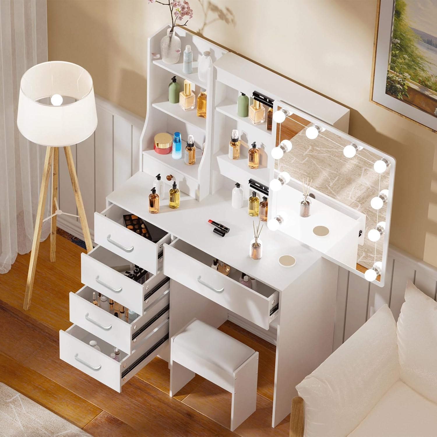 Vanity Desk with Mirror and Lights, Makeup Vanity Desk with Lights 3 Colors, Dressing Table with Drawers and Shelves for Girls and Women