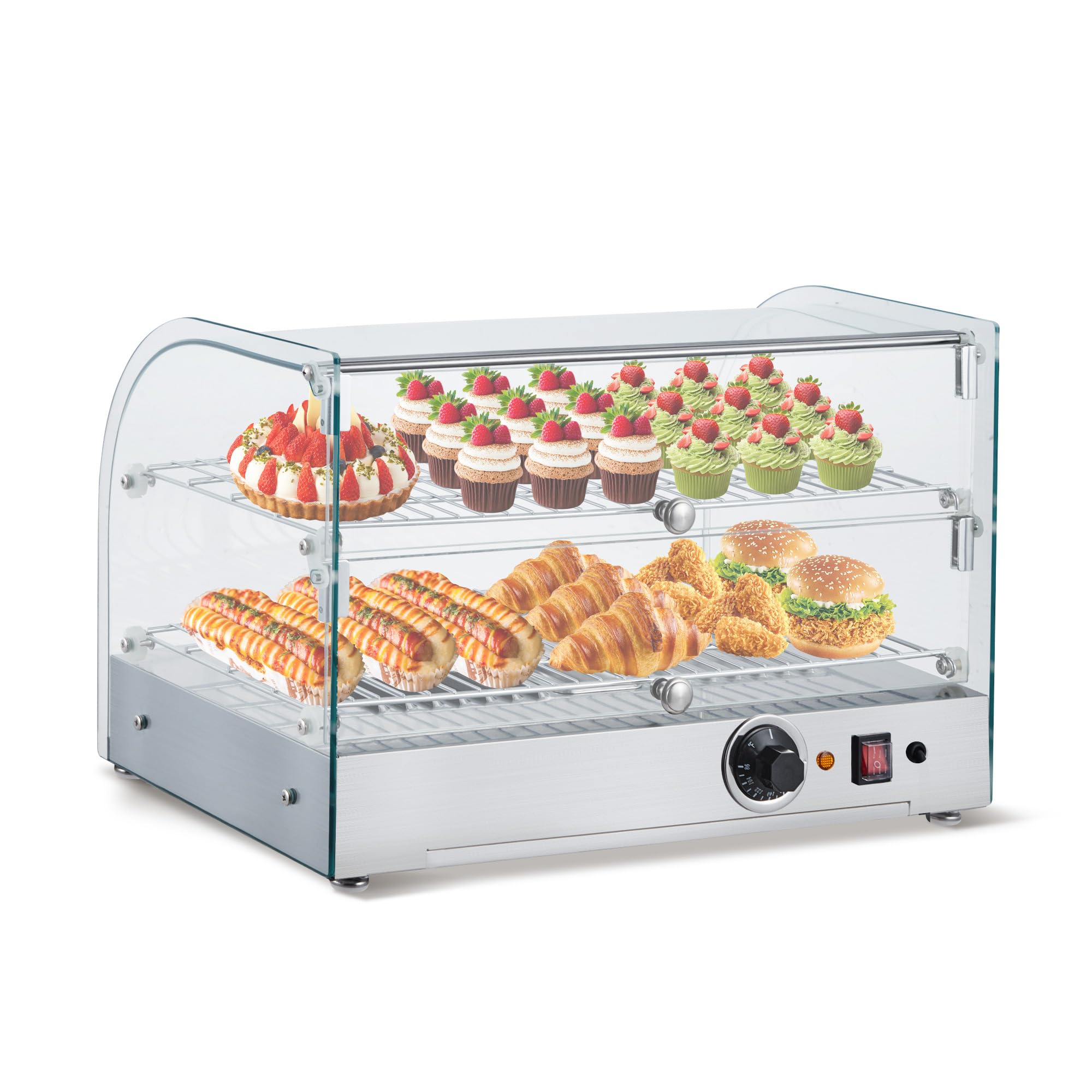 2-Tier Food Warmer, 22 in Countertop Commercial Food Warmer with Dual Glass Door, 1.5 Cu. Ft Stainless-Steel Display Case for Hamburger, Pizza, Bread, Fried Chicken - 1500 w