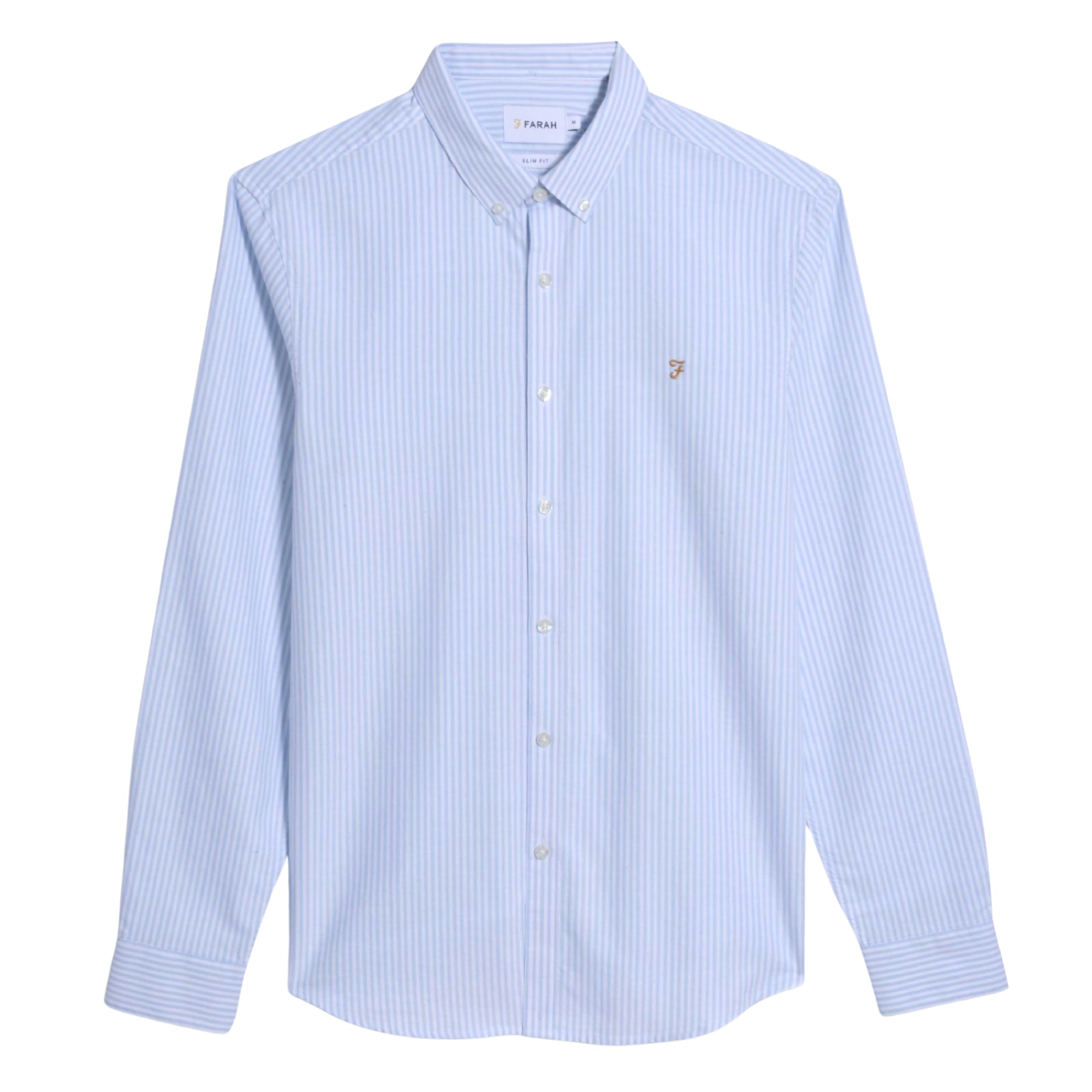 Farah Men's Sky Blue - Shirt, Brewer Stripe Slim Fit Shirt, Organic Cotton, Indigo Oxford Shirt, Casual-Style Shirt, S