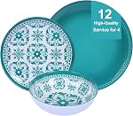 Webbylee Melamine Dinnerware Set, 12-Piece Assiette et bol, Service de vaisselle incassable pour 4-Lavage-vaisselle, Plats légers et sûrs, Linge de repas vert pour usage intérieur/extérieur, Cadeau
