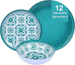 Webbylee Melamine Dinnerware Set，12-Piece Plate and Bowl Sets，Unbreakable Dish Set Service for 4–Dishwasher Safe&Lightweight Dishes,Green Dinnerware for Indoor/Outdoor Use, Gift