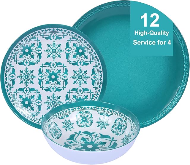 Webbylee Melamine Dinnerware Set, 12-Piece Assiette et bol, Service de vaisselle incassable pour 4-Lavage-vaisselle, Plats légers et sûrs, Linge de repas vert pour usage intérieur/extérieur, Cadeau