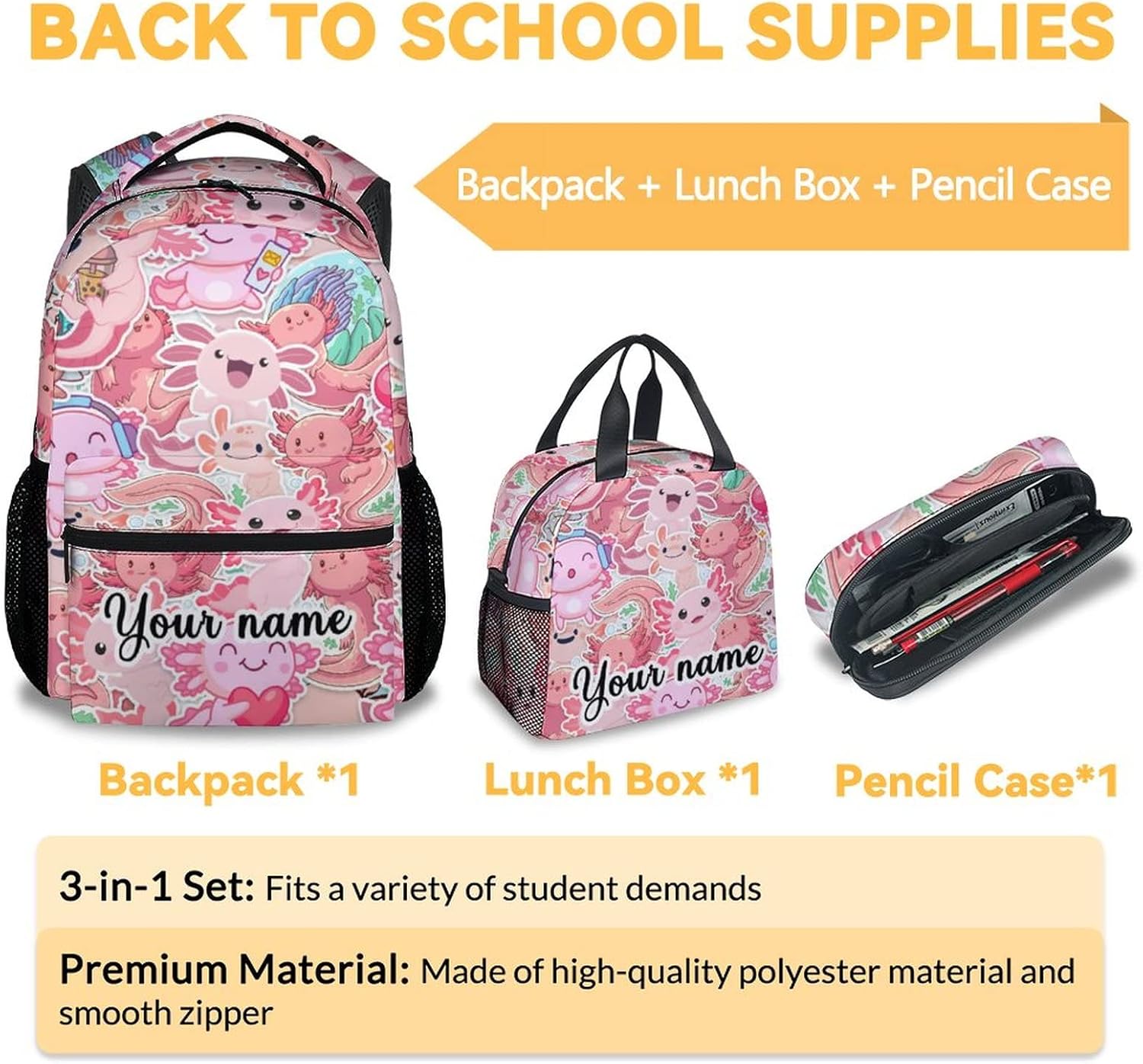 Personalized Axolotl Backpack with Lunch Box And Pencil Case, 16 Inch Axolotl Theme Bookbag with Adjustable Straps, Durable, Lightweight, Large Capacity, School Backpack for Girls Women