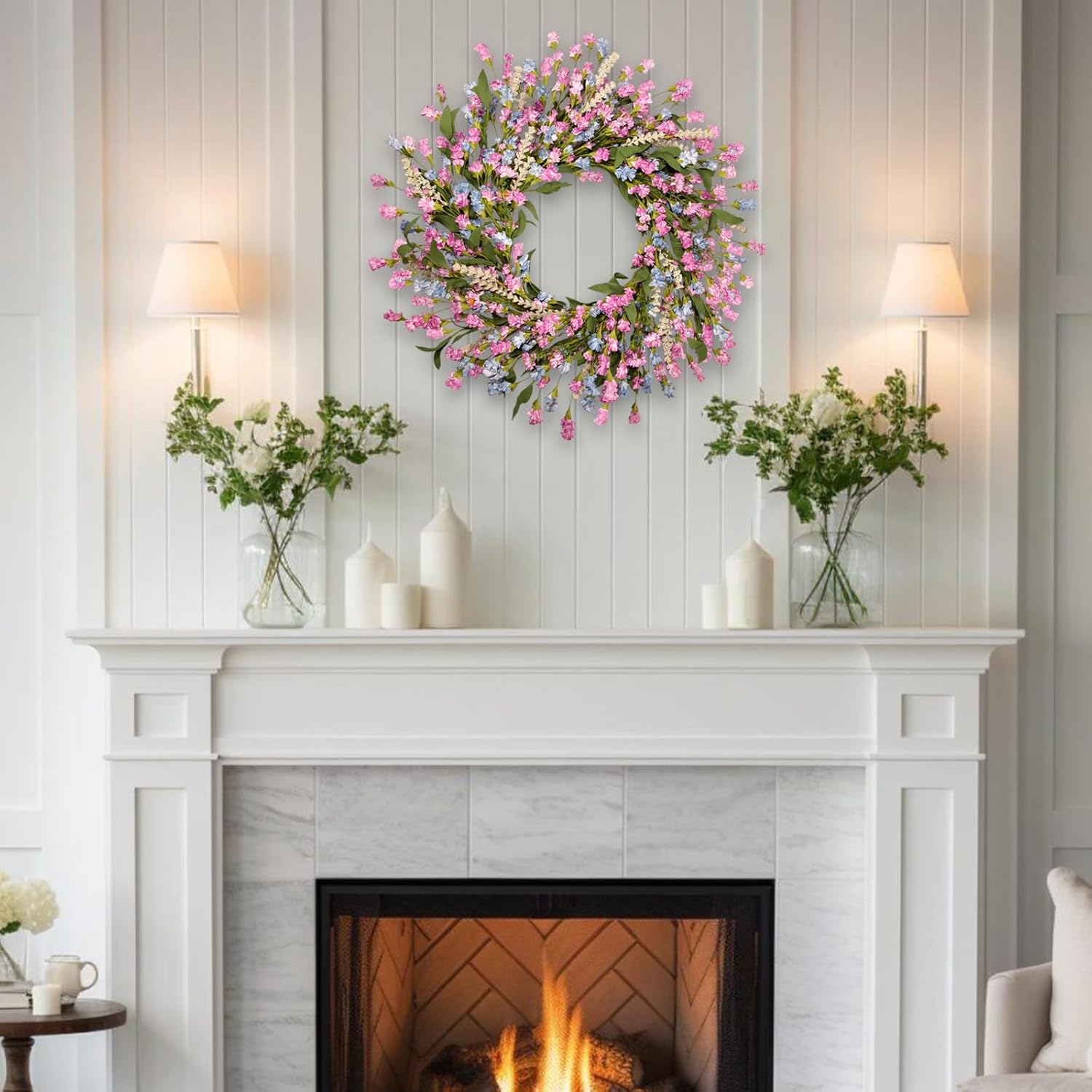 24 Inch Spring Summer Wreaths for Front Door, Year Round Artificial Lavender Paper Flower Wreath with Blue Pink Fade Flowers, Home Farmhouse Windows Walls Porch Wedding Indoor Outdoor Decor - Image 6