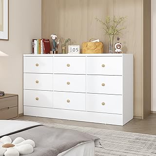 WOODTIME White 9 Drawer Dresser for Bedroom, 47.2“L Wooden Double Dresser, Modern Chest of Drawers Storage Organizer Chest of Drawers for Entryway Hallway
