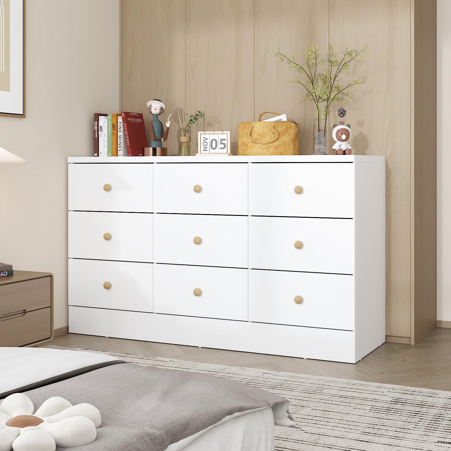 WOODTIME White 9 Drawer Dresser for Bedroom, 47.2“L Wooden Double Dresser, Modern Chest of Drawers Storage Organizer Chest of Drawers for Entryway