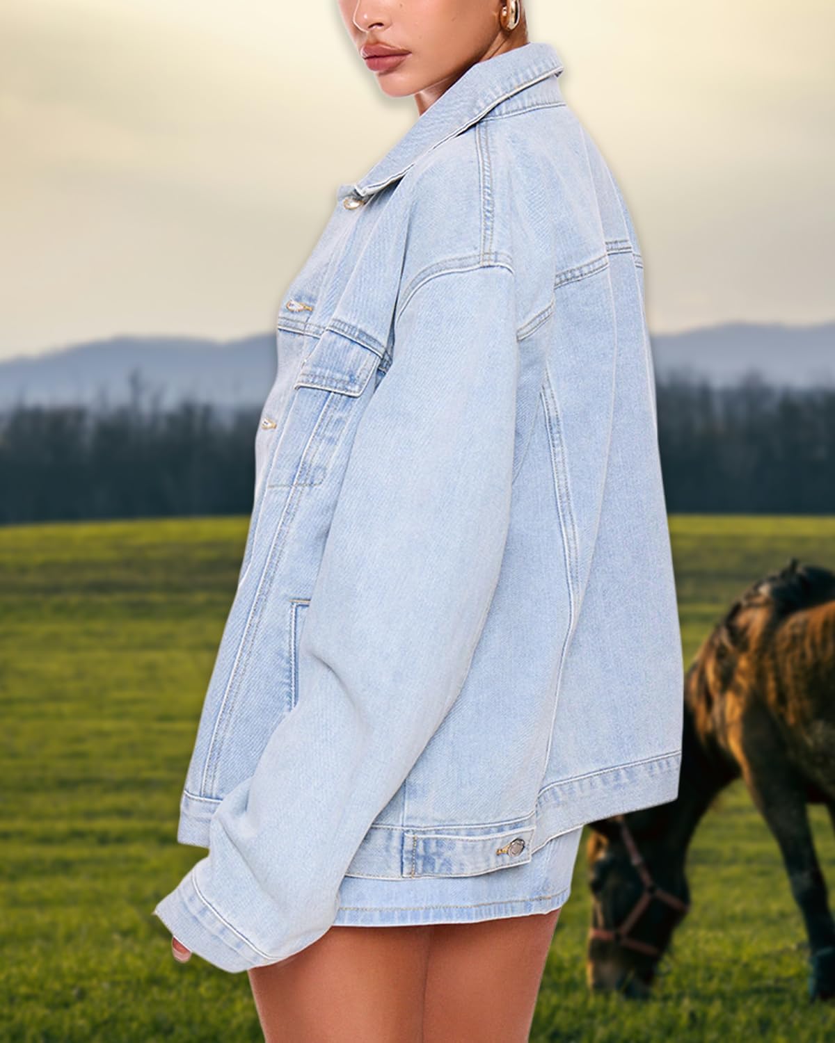 Women's Oversized Drop Shoulder Denim Jacket Distressed Ripped Casual Coat - Image 4