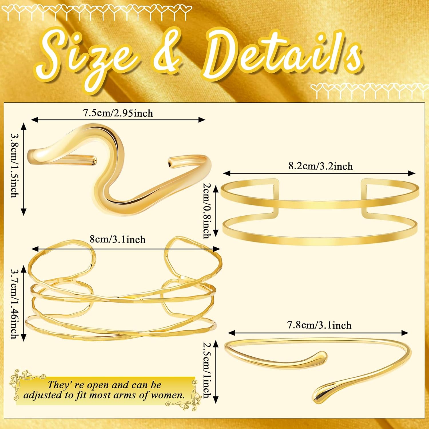 RechicGu 4 Pcs Minimalist Golden Arm Cuff Upper Arm Jewelry for Women Adjustable Upper Arms Cuff Bracelet Bangle Stackable Coil Armband Jewelry Set for Women Boho Summer Beach Party
