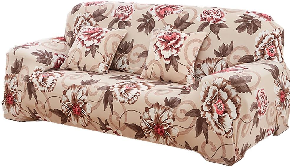 Elvoes Floral Printed Sofa Cover Anti-Slip Elastic Slipcover Stretch Polyester Fabric Soft Furniture Protector Couch Cover (Three seater(74''-90''), Peony)