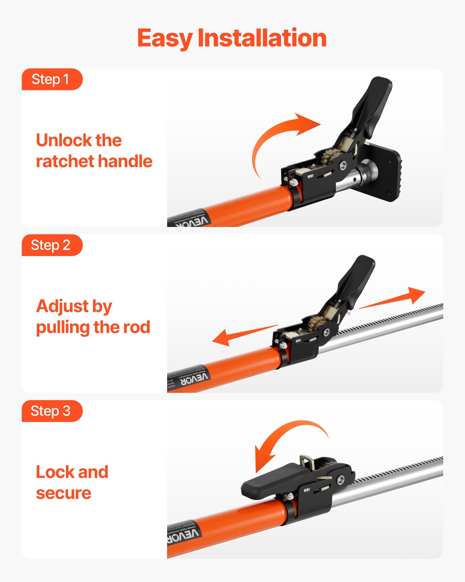 VEVOR Barra de Carga Extensible, con Trinquete Ajustable 1016-1854 mm, Estabilizador de Carga de Acero con Almohadillas Antideslizantes, para Camionetas, SUV, Minivans, Naranja, 1000 x 95 x 61 mm