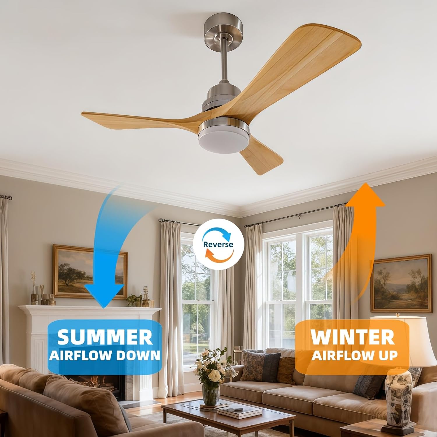 36 Inch Wooden Ceiling Fan with Light, Solid Wood Blades & LED Lighting, 6-Speed Reversible Motor, Remote Control, Quiet Indoor Ceiling Fan for Bedroom, Living Room, Kitchen - Natural Wood