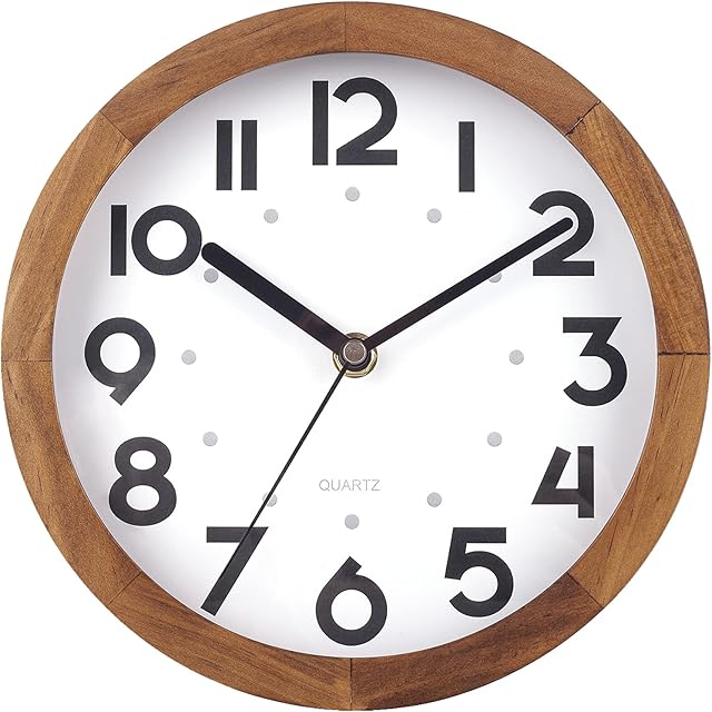 BEW Small Wall Clock, 8 Inch Silent Natural Wooden Wall Clock, Retro Decorative Analog Round Hanging Clock for Bedroom, Living Room, Kitchen