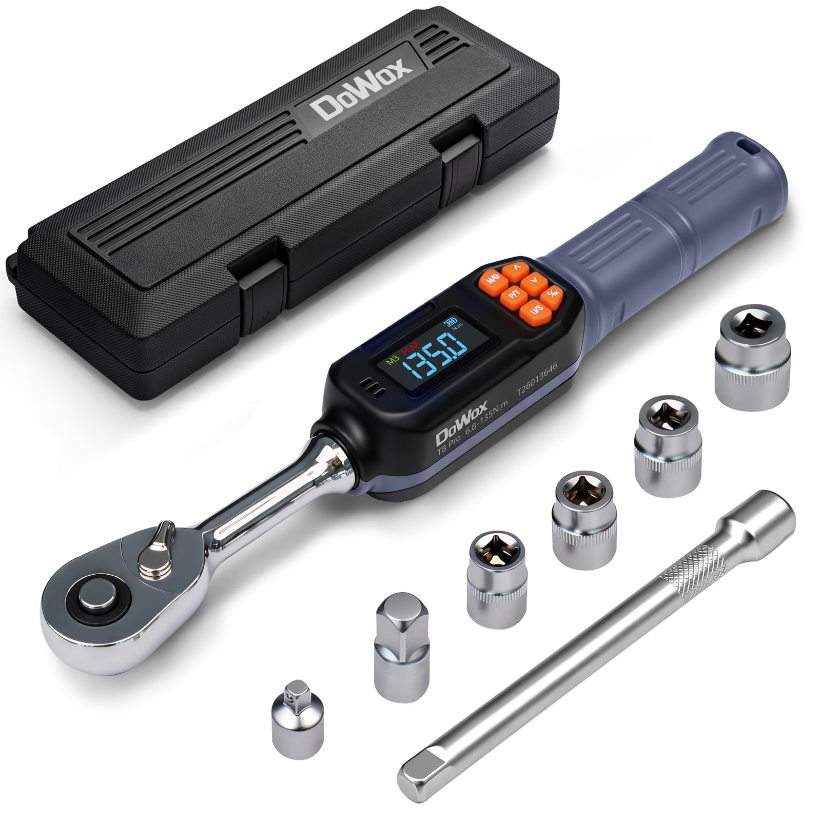DOWOX 6.8-135Nm Digital Torque Wrench 3/8 Inch Drive, 90-Tooth Ratchet Set with 4 CRV Sockets (14/16/17/21mm), 6-Inch Extension Bar, 2 Adapters (3/8 to 1/4 & 3/8 to 1/2) for Automotive,Machinery
