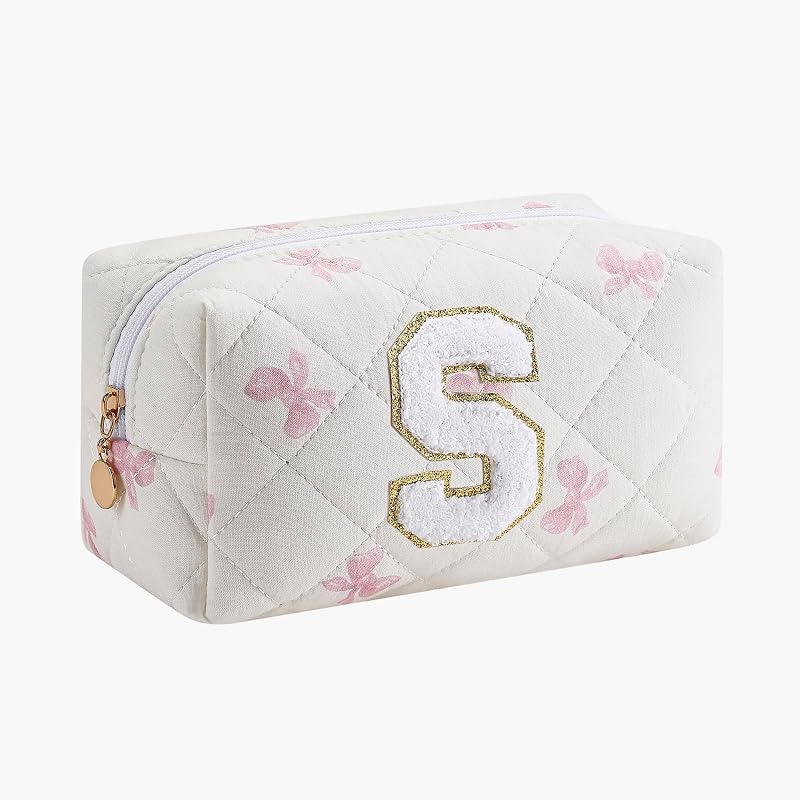 Necessaire de maquiagem Gleyemor com inicial personalizada, algodão matelassê rosa floral, tamanho S