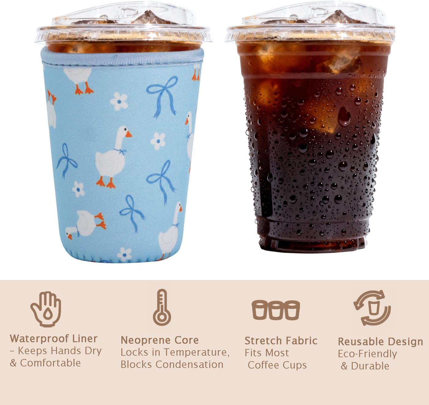 Reusable Insulated Sleeve for Iced Coffee Cup, Coffee Neoprene Sleeve for Cold & Hot Drinks, Beverage Holder for Iced Coffee (Blue Geese, Medium: 22-24oz)