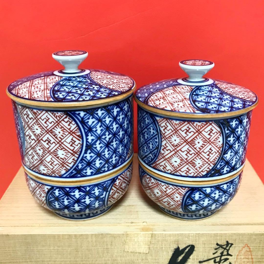 京焼 清水焼 春晃窯 染付朱捻祥瑞 蓋付組湯呑 木