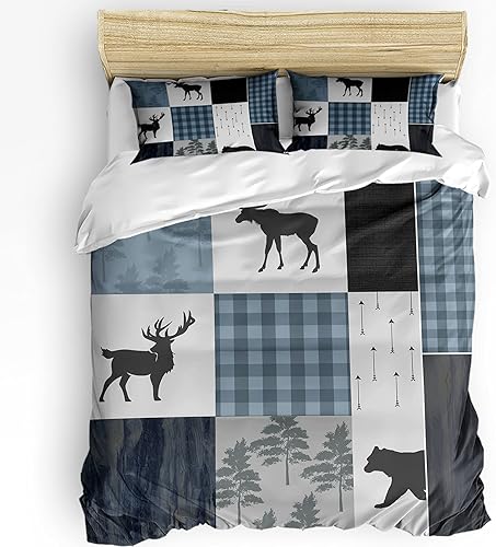 Savannan Juego de fundas de edredón de Navidad de 3 piezas, tamaño California King, vintage, granja, bosque, ciervo, oso, a cuadros, con cierre de