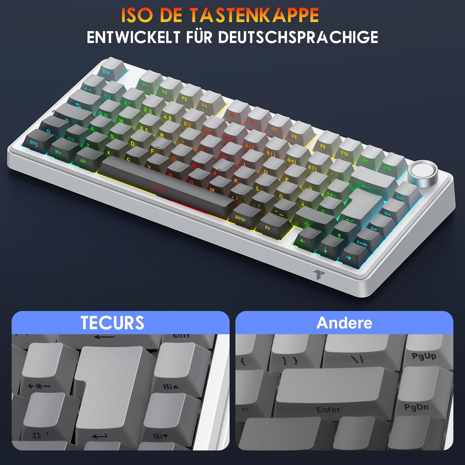 TECURS Klawiatura gamingowa mechaniczna ISO-DE | 75% Hot-Swap Sideprinte klawiatura bezprzewodowa czerwona oś Gasket Mount, PBT, RGB, Creamy MK209 Keyboard (2,4 G/BT/typ C) QWERTZ – dla graczy Setup