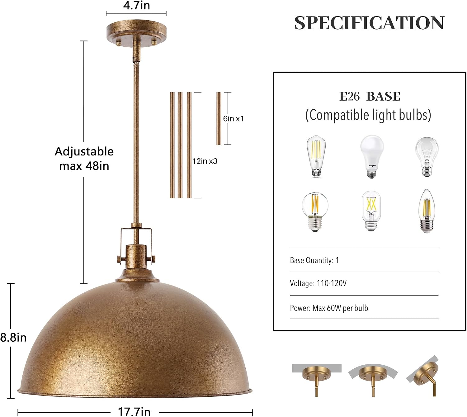 17.7 Inch Large Dome Pendant Light, 1-Light Antique Brown Pendant Lighting All Metal, Modern Farmhouse Single Ceiling Hanging Light Fixtures for Kitchen Island Dining Room Over Table Hallway