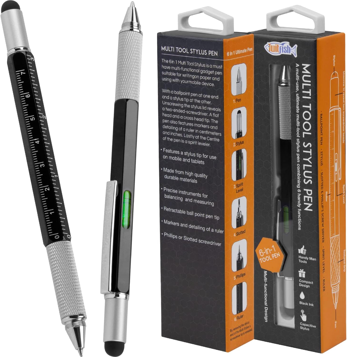 Multi-Tool Pen – Novelty Gadget – Premium Metal All-in-One Multi-functional: Pen, Stylus, Ruler, Spirit Level, & Screwdrivers