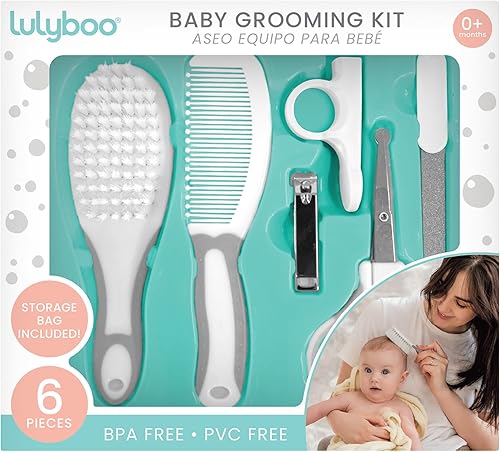 Lulyboo Kit de aseo para bebés de 6 piezas con bolsa de viaje, seguro, sin BPA, juego de aseo para recién nacidos, incluye cortaúñas, tijeras,