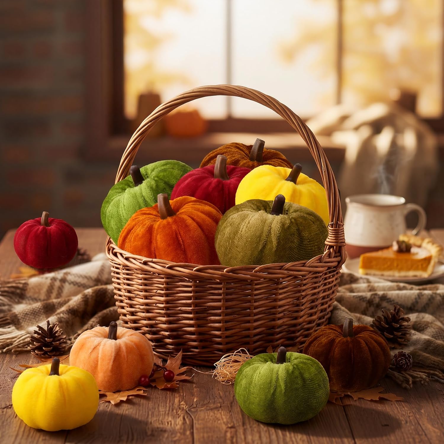 12 Pcs Assorted Faux Velvet Pumpkins Small Rustic Artificial Fake Flocked Foam Pumpkins Decoration 2 Sizes Table Centerpiece for Fall Home Harvest Party Thanksgiving Farmhouse Halloween