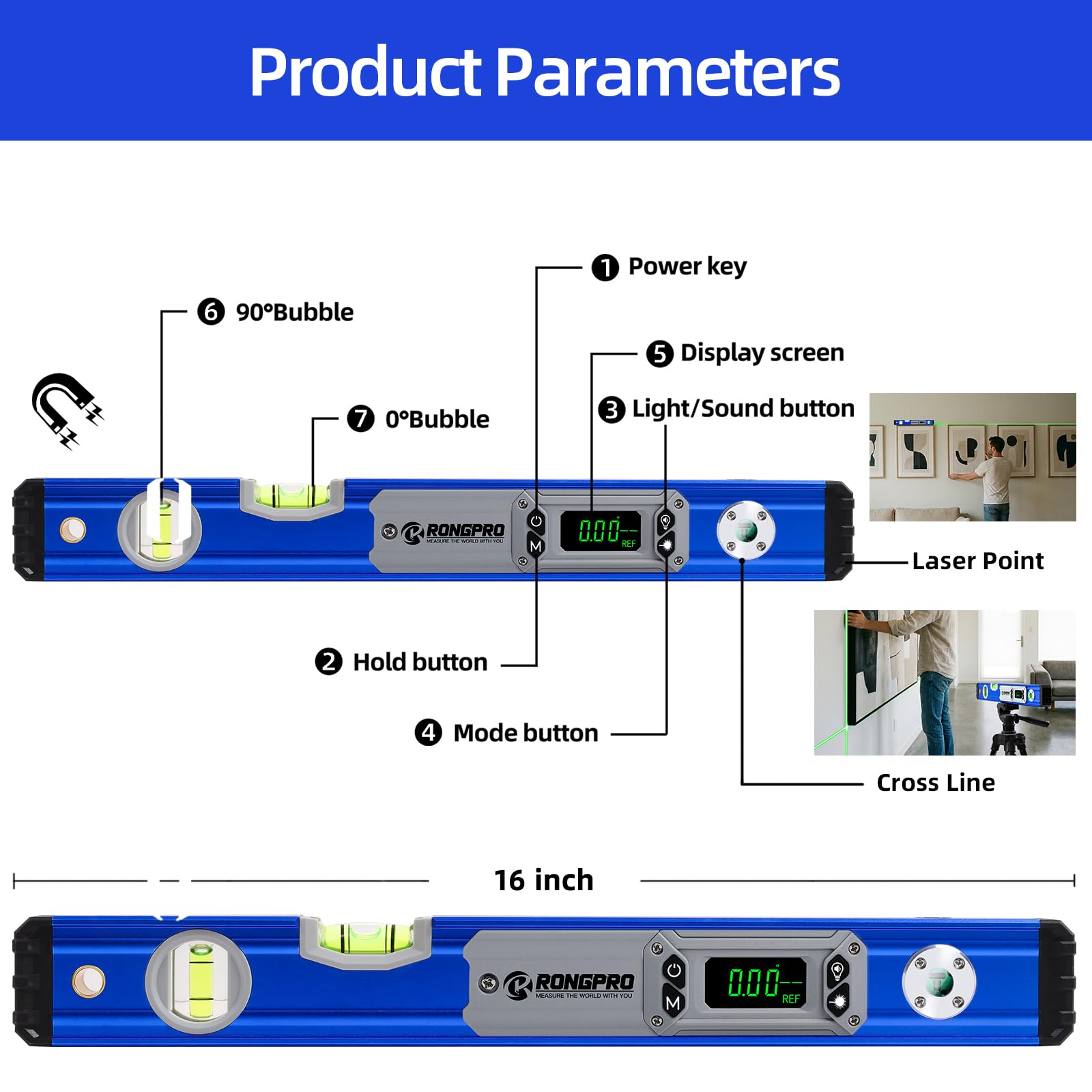 RONGPRO 16" Digital Level - Auto Light & Audible Alerts -2