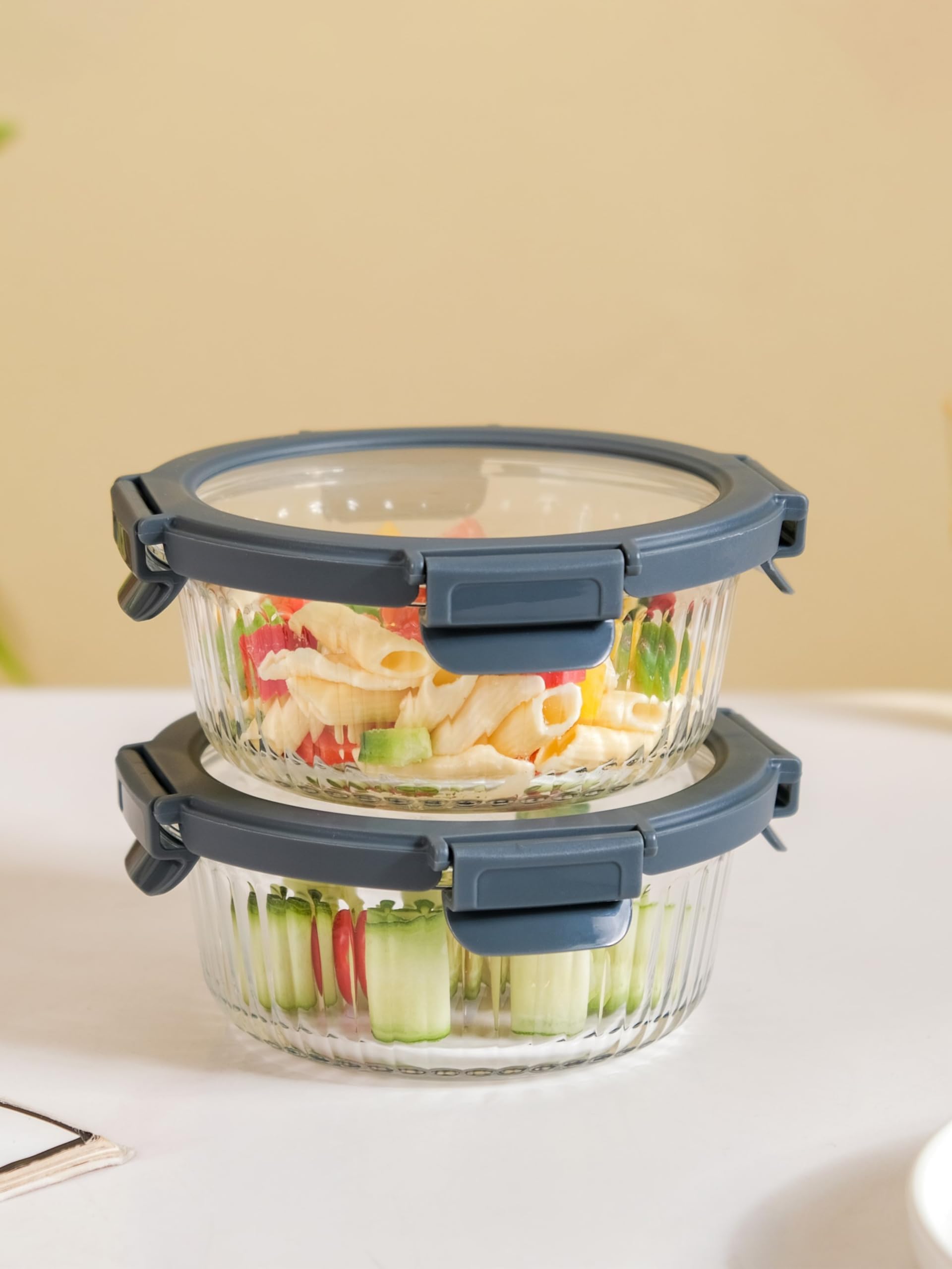 Nestasia Glass Lunch Box Set of 2 (950ml Each), Each Borosilicate Airtight and Leak-Proof, Clear Food Containers for Office, Microwave and Freezer Safe with Safety Lock