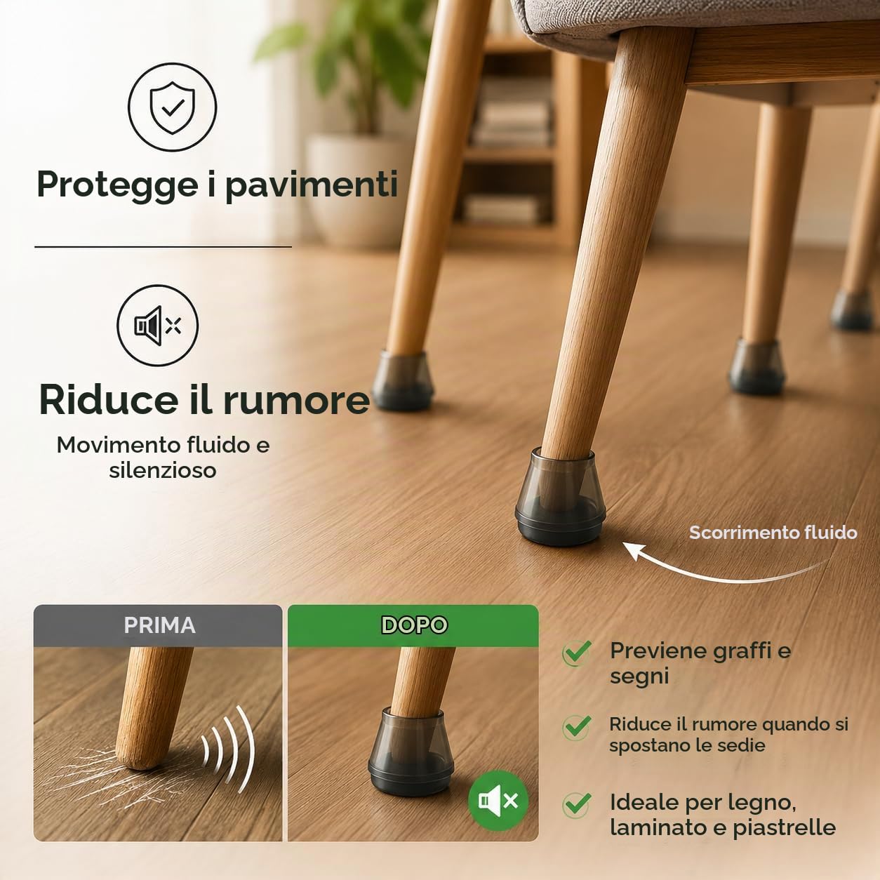16 Pcs Gommini per Sedie in Silicone con Feltrini Neri, Diametro 30-40 mm | Proteggi Pavimenti Antigraffio e Antirumore per Legno Duro, Piastrelle e Laminato, per Gambe Dritte e Inclinate