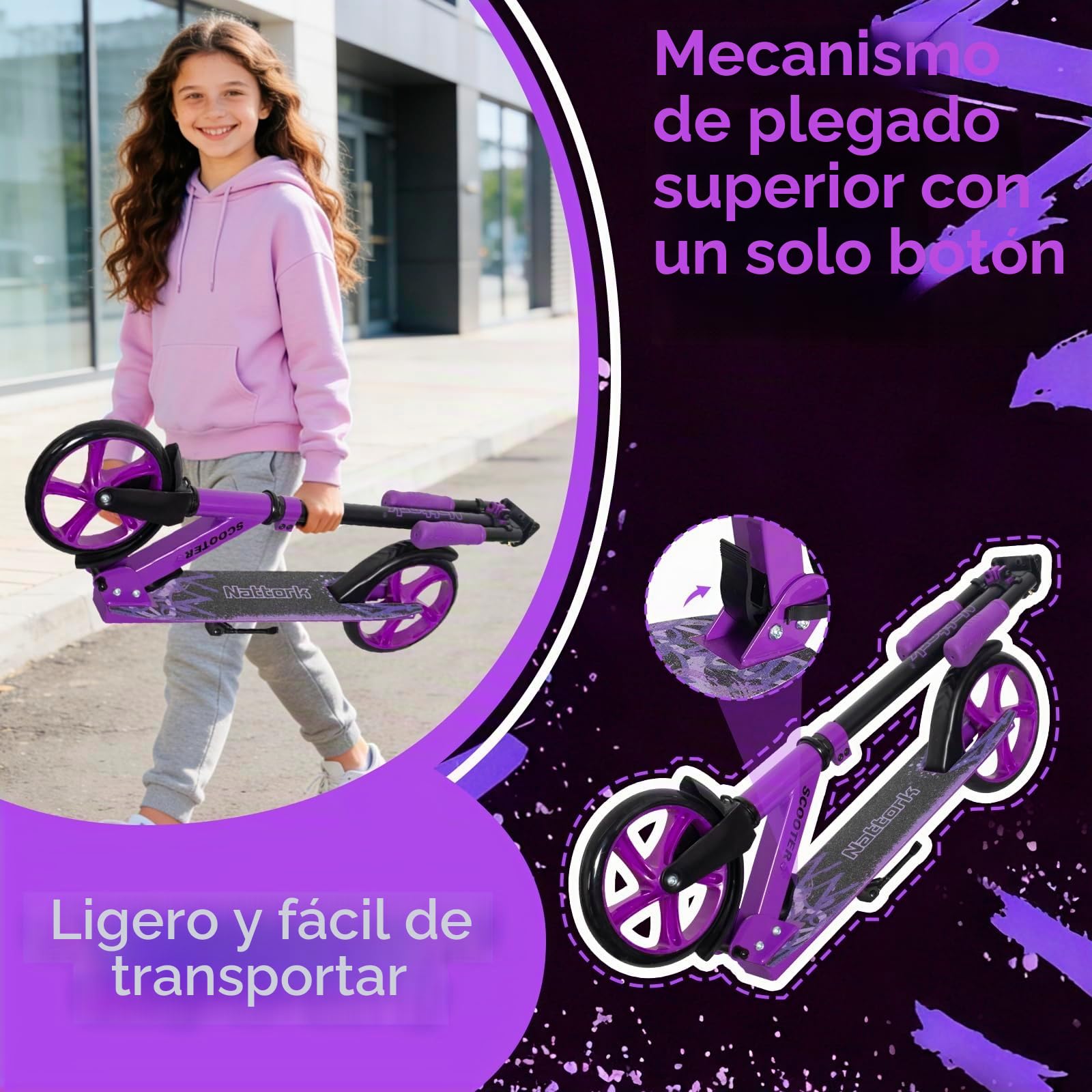 Nattork Patinete para adultos y jóvenes: patinete plegable de altura ajustable con ruedas grandes y estables para un viaje suave, ligero, con freno de mano y suspensión