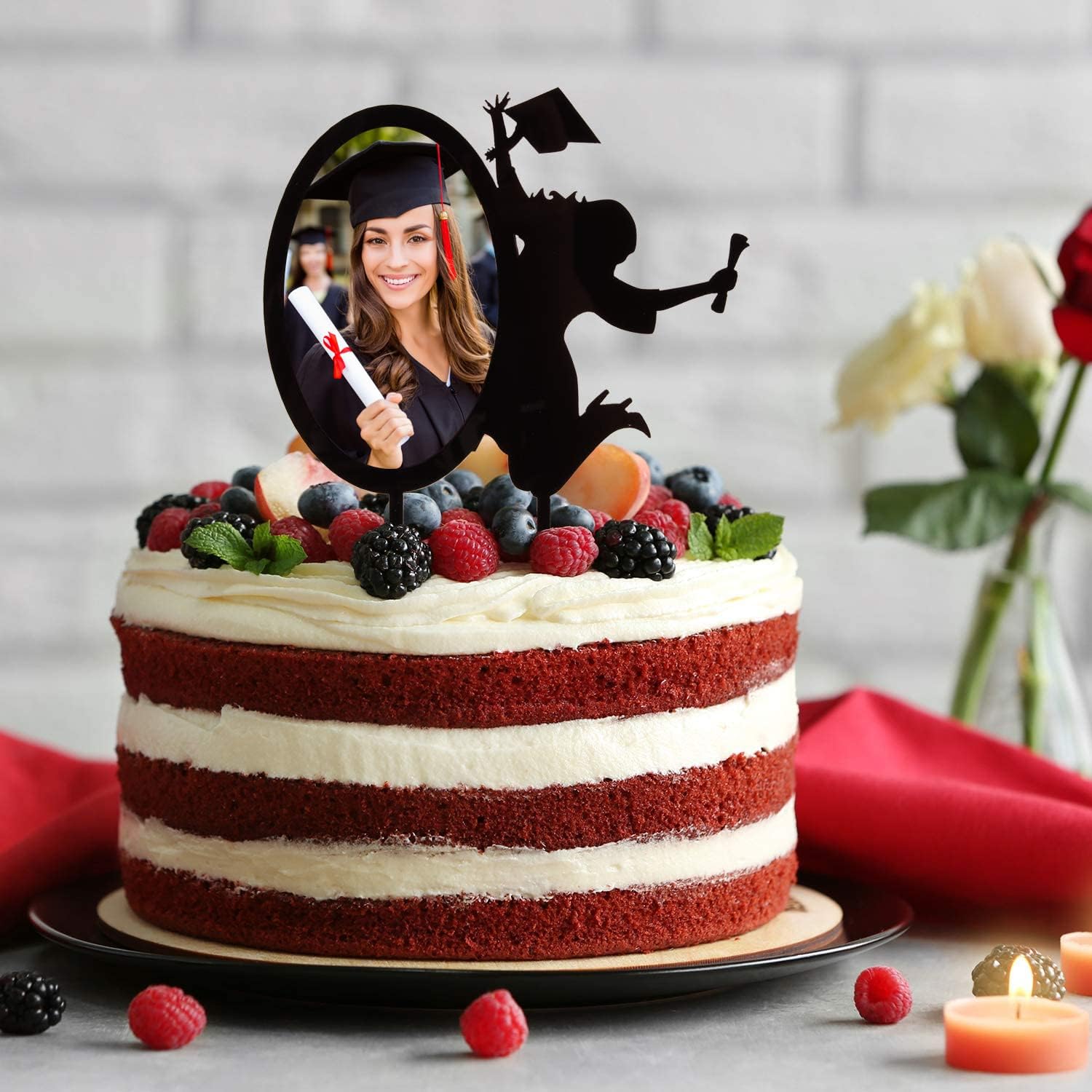 Congrats Grad 2026 Cake Toppers - Black Acrylic With Photo Frame Cake Topper - Class OF 2026 College Graduate Party Supplies - Chic Insert Silhouette A Girl Cheers To Graduate Decorations