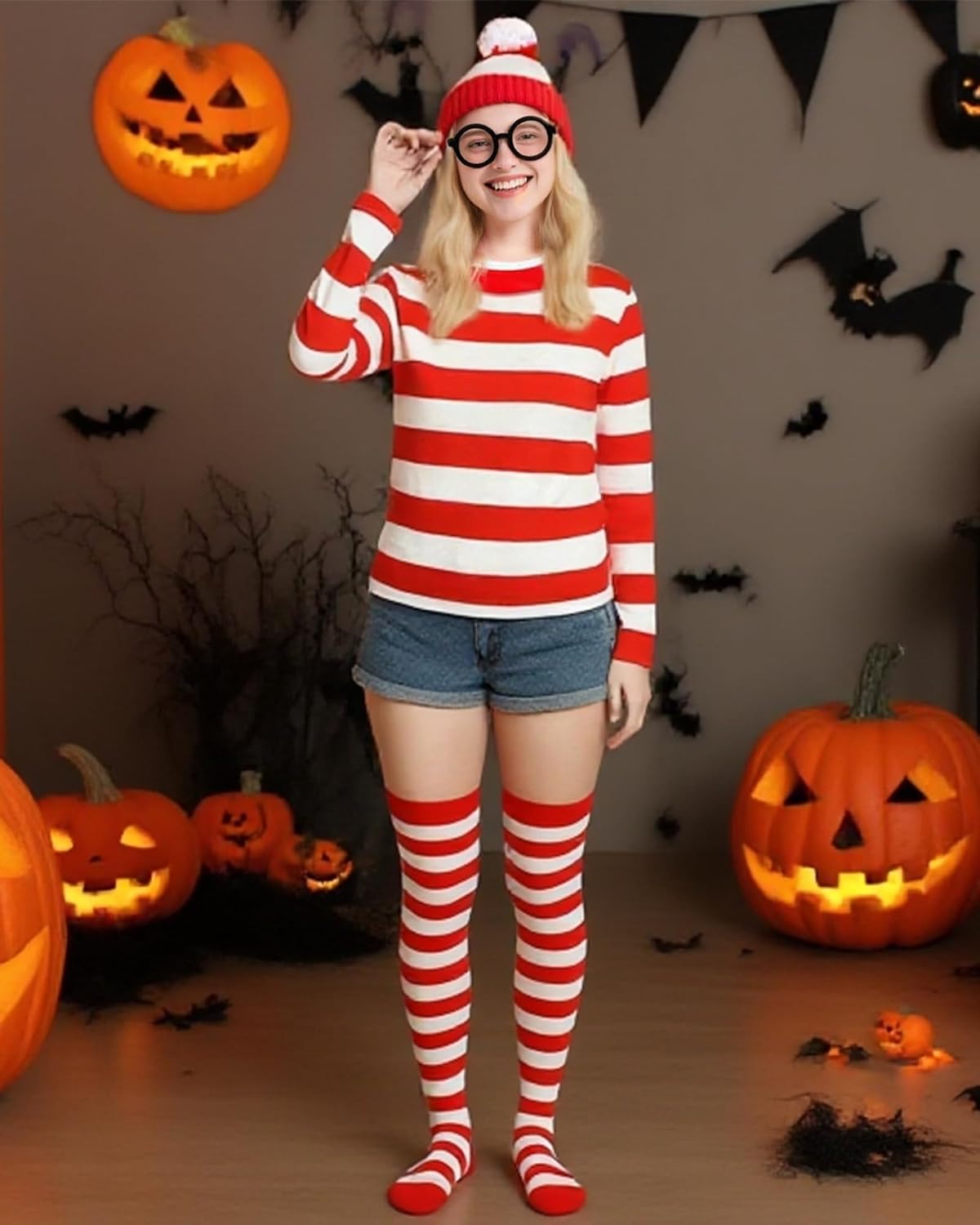 Halloween Costume for Women - 4 Pcs Red and White Striped Shirt Beanie Cap Socks Glasses for Halloween Cosplay