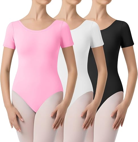 JoyMotion 3 Pack Women's Short Sleeve Dance Leotards, 3-Color Set, Large