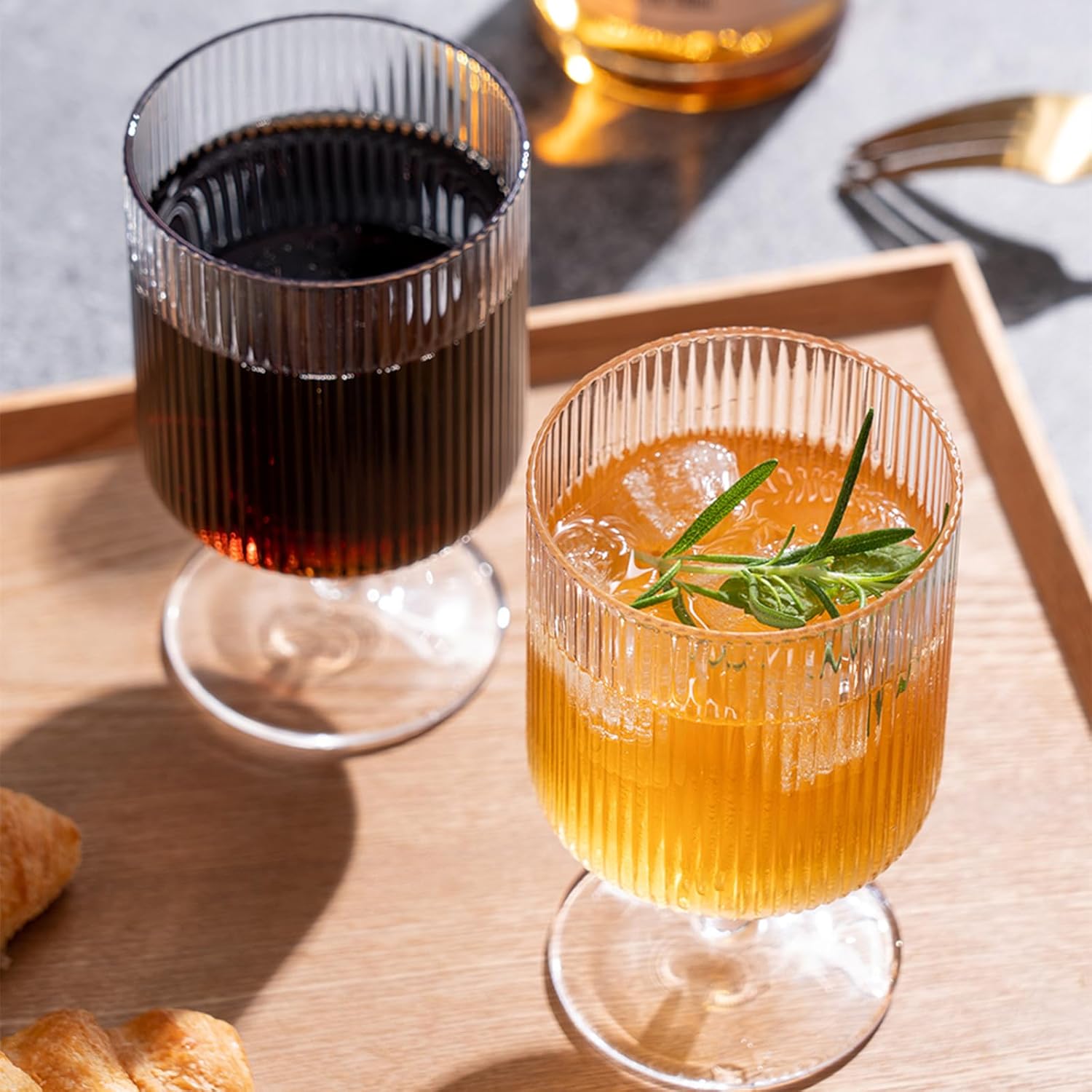 DEAYOU Set of 6 Ribbed Vintage Wine Glasses, 8 oz Clear Interlocking Ribbed Water Goblet Glasses, Unique Short Stem Cocktail Glasses for Iced Tea, Juice, Whiskey, Beer, Dessert, Party - Image 7