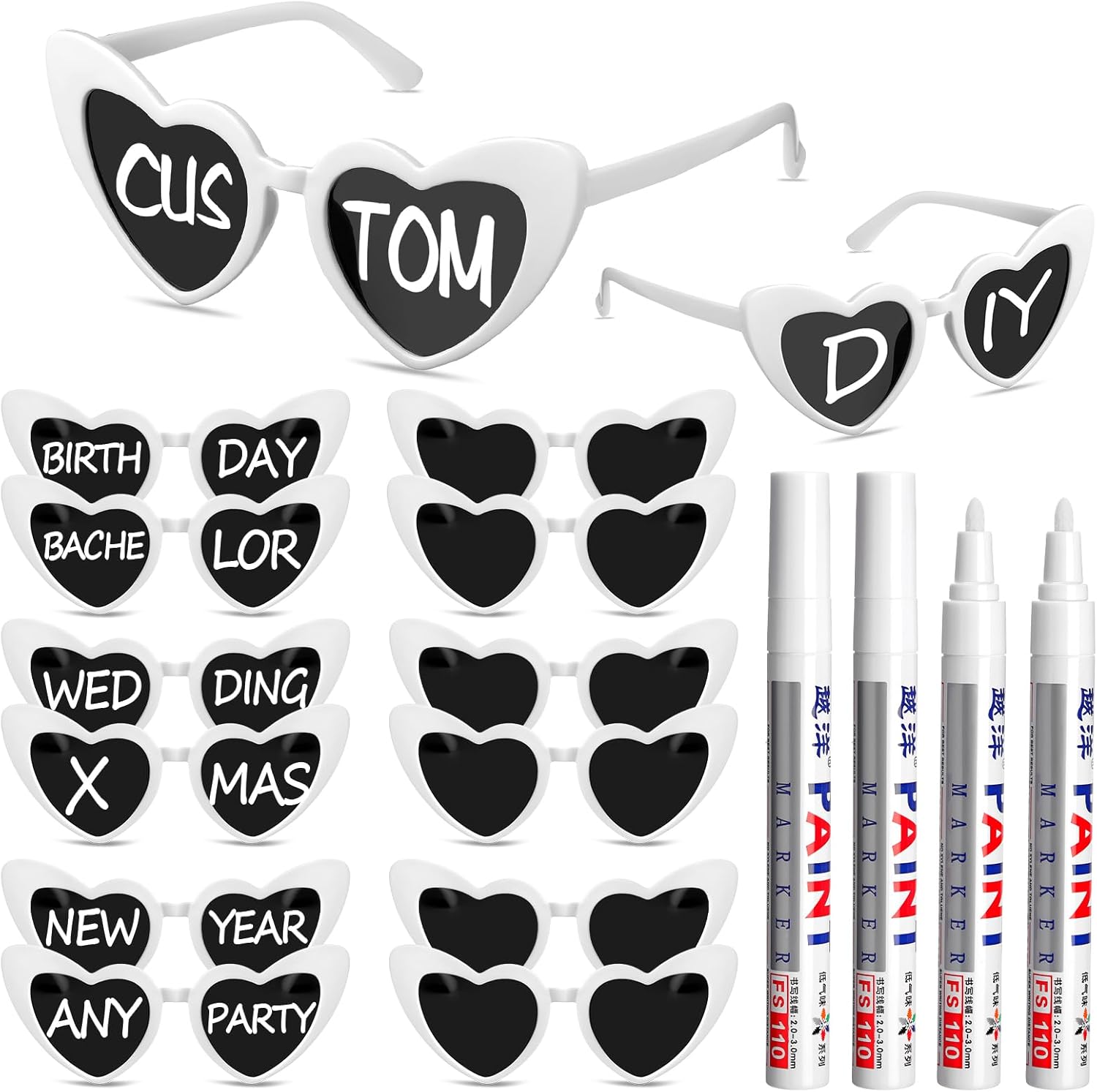 Flutesan Personalized Heart Shaped Sunglasses Bulk Heart Glasses with Paint Pens for DIY Wedding Party Favors