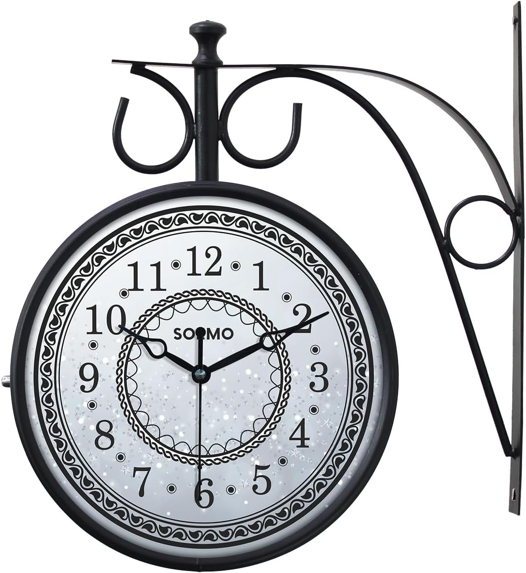 Amazon Brand - Solimo Double Sided Vintage Station Wall Clock, one Side Roman and Other Side Numeral dial (8 Inches, Black) Metal, Analog