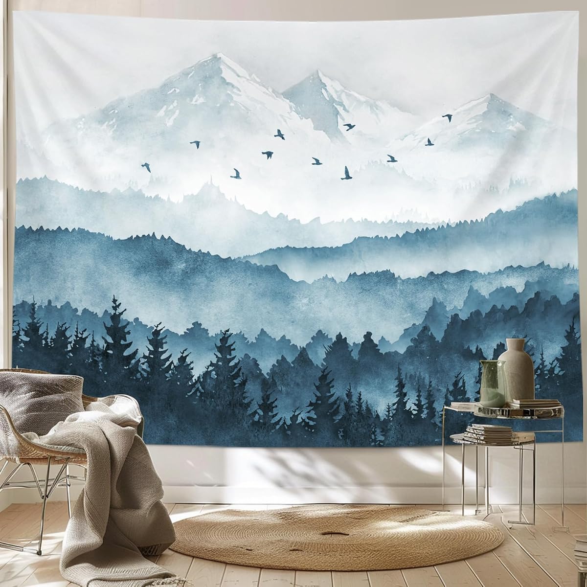 Kampdream Tapiz de bosque de montaña, tapiz de pared con paisaje de acuarela brumoso y niebla, tapiz de paisaje natural para dormitorio, sala de estar, telón de fondo, azul verde azulado, 35.8 x 47.6 in