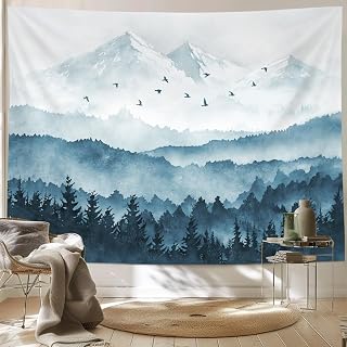 kampdream Mountain Forest Tapestry, Misty Foggy Watercolor Scenery Art Wall Tapestries, Nature Scenery Tapestry for Bedroom Living Room Backdrop Teal Blue 60x80 inch