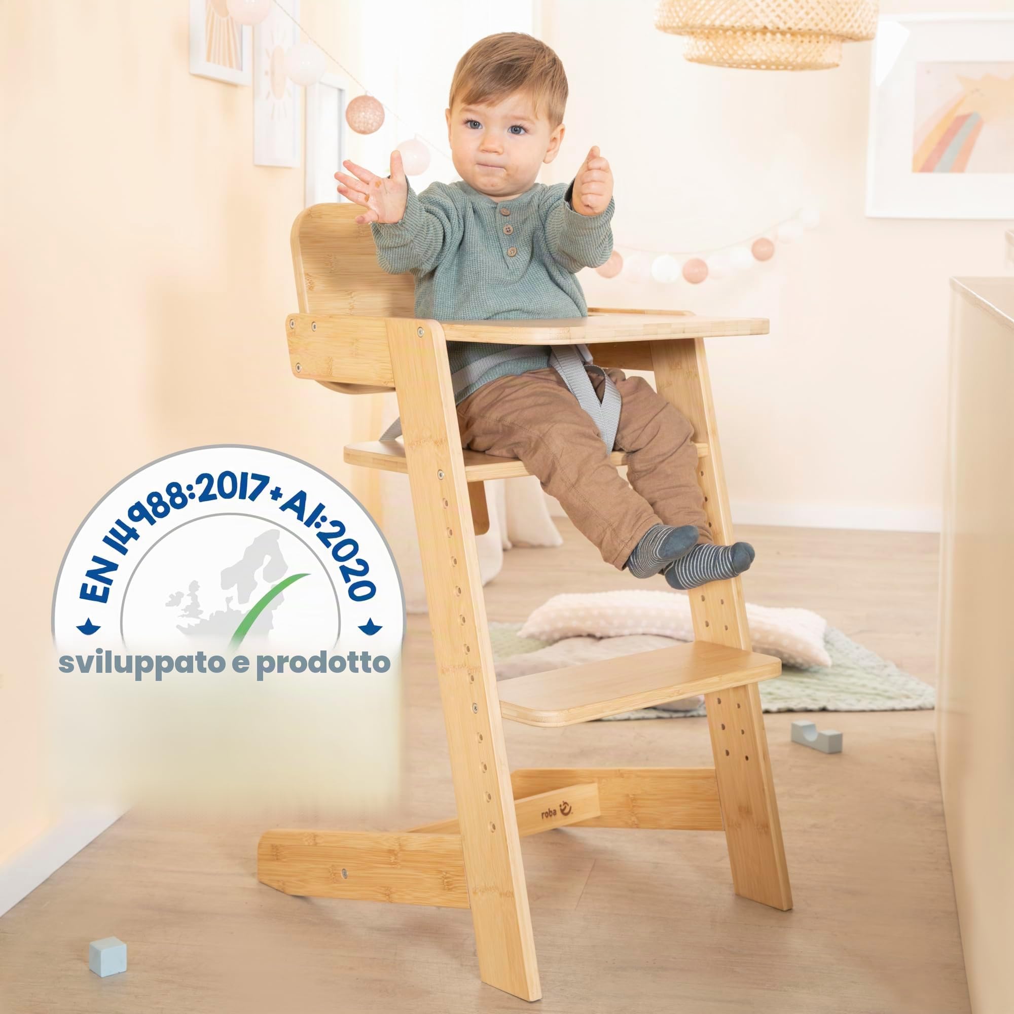 roba Seggiolone per Bambini Nature Up in Legno di Bambù Certificato FSC - Regolabile con Vassoio Rimovibile - Cintura a 3 Punti - Fino a 70 kg di Portata - Naturale