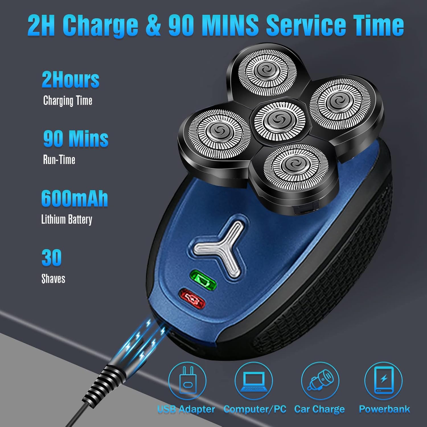 Head Shaver for Bald Men,5 in 1 Electric Shavers for Bald Head Cordless,Waterproof Wet Dry Mens 5 Head Electric Razor for Head Face Shaving,Man Electric Facial Rotary Shaver USB Rechargeable