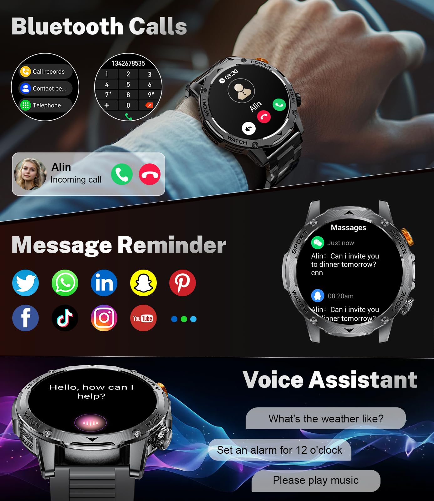 LIGE Militar Reloj Inteligente Hombre -1000 mAh/1,75" Grande Pantalla, Smartwatch con Llamadas Bluetooth/Linterna, 120+ Modos Deportivos, Monitor de Frecuencia Cardíaca/Sueño, iOS/Android,Negro Mate