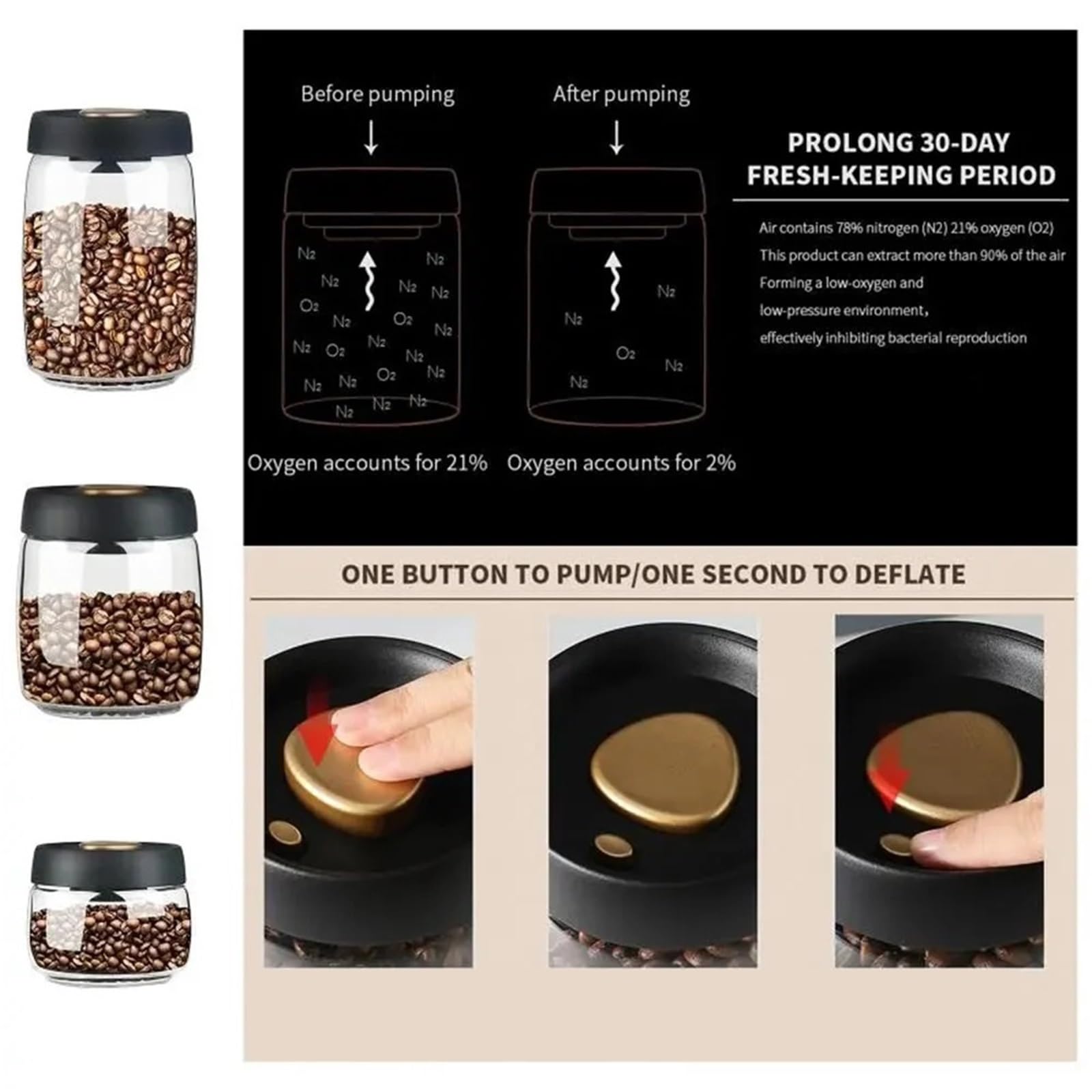 Glasgefäße mit Deckel, Vakuumversiegelter Behälter for Kaffeebohnen, transparentes Glas, Lebensmittel, Haushaltsluftabsaugung, luftdichter Behälter(1200ml)