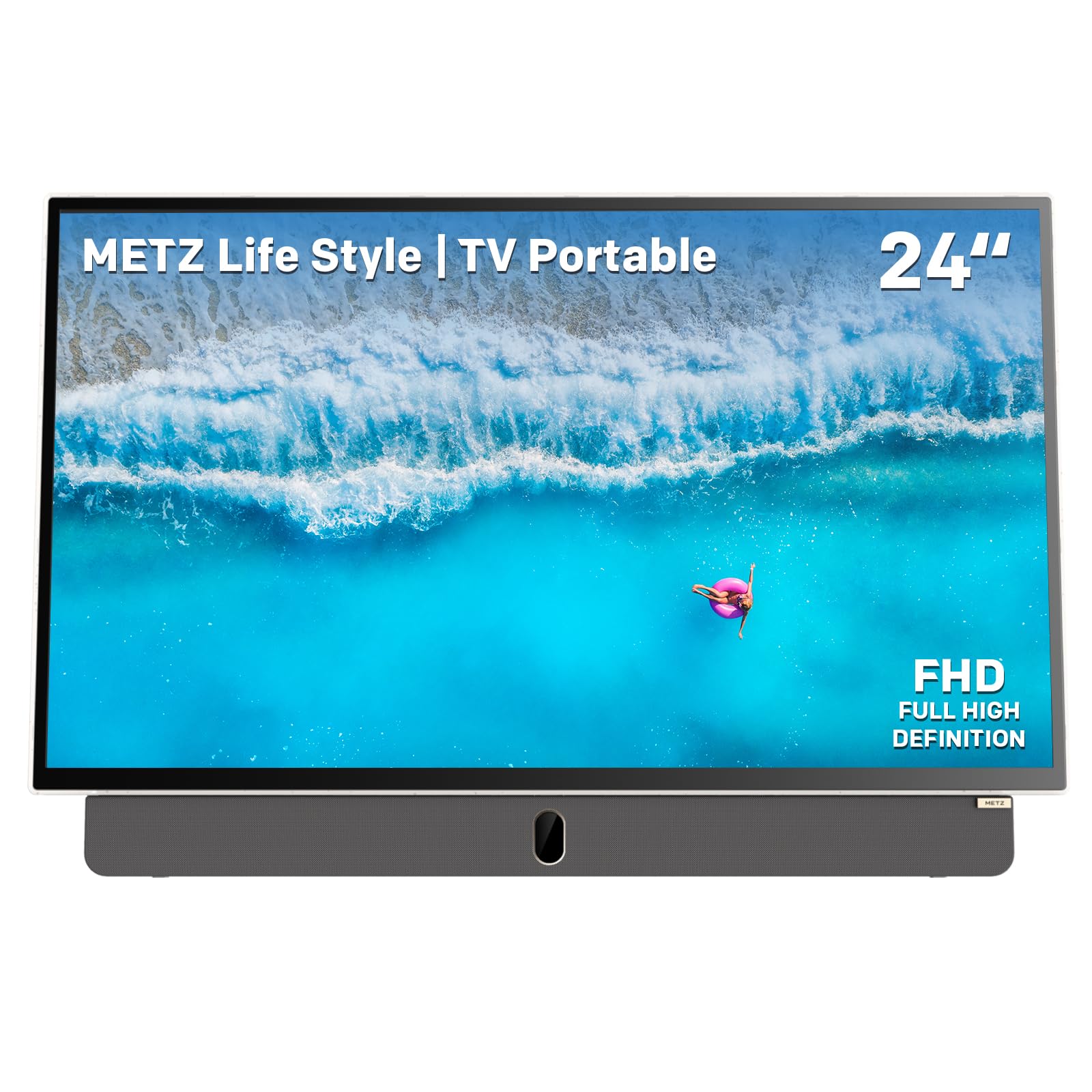 Metz TV Portable 24 Pouces (60 cm) Smart Google TV FHD avec Batterie Intégrée Poignée HDR 10 Chargeur Voiture 12V Ecran Anti-reflet Dolby Audio HDMI USB Bluetooth Wi-FI (24MPE7000 Blanc)