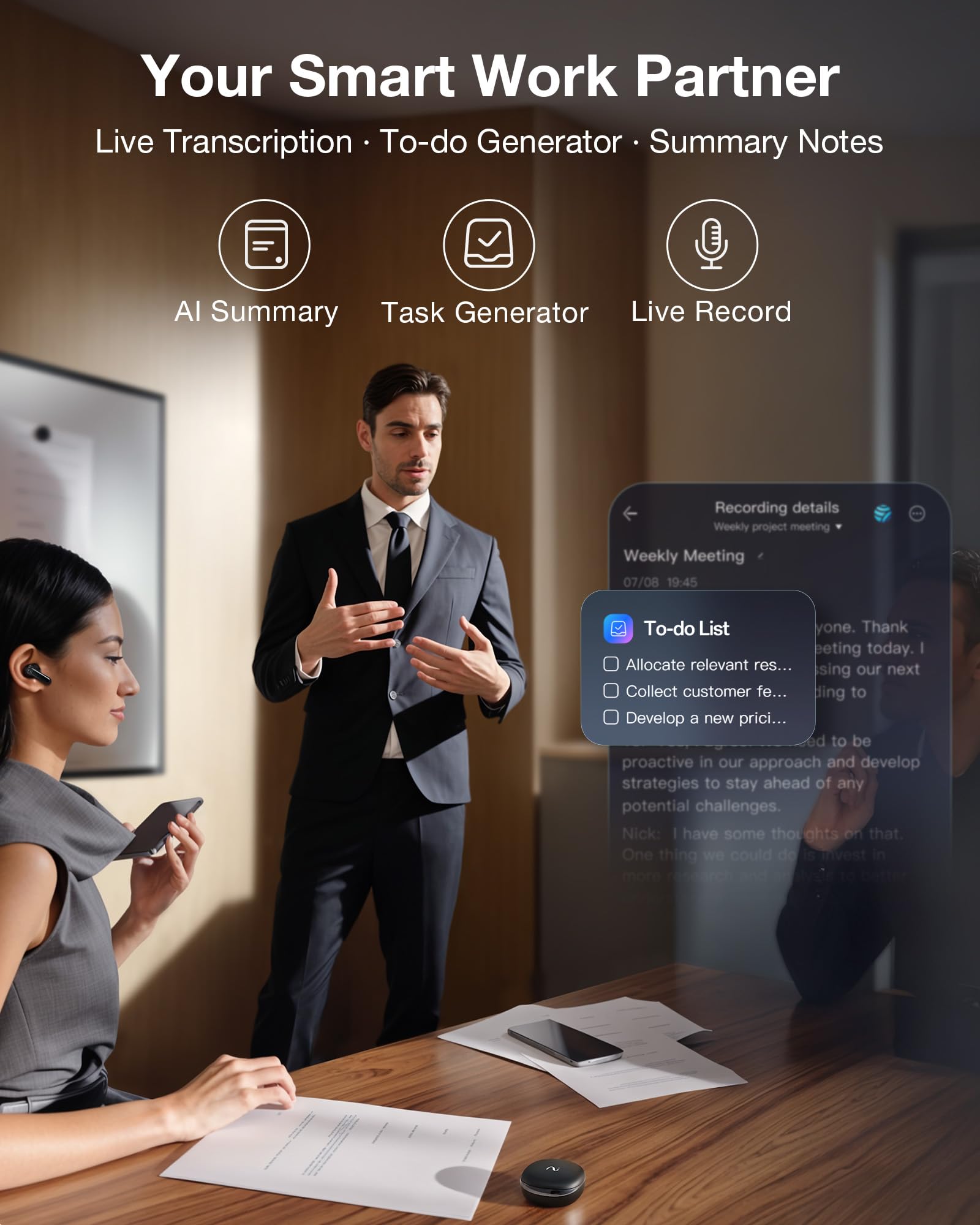RecDot AI Voice Recorder Earbuds, viaim AI Meeting Assistant with Transcription, 16 Languages, FlashRecord, to-Do Lists & Summaries with viaim AI, 48dB ANC for Meetings, Interviews & Lectures, Black
