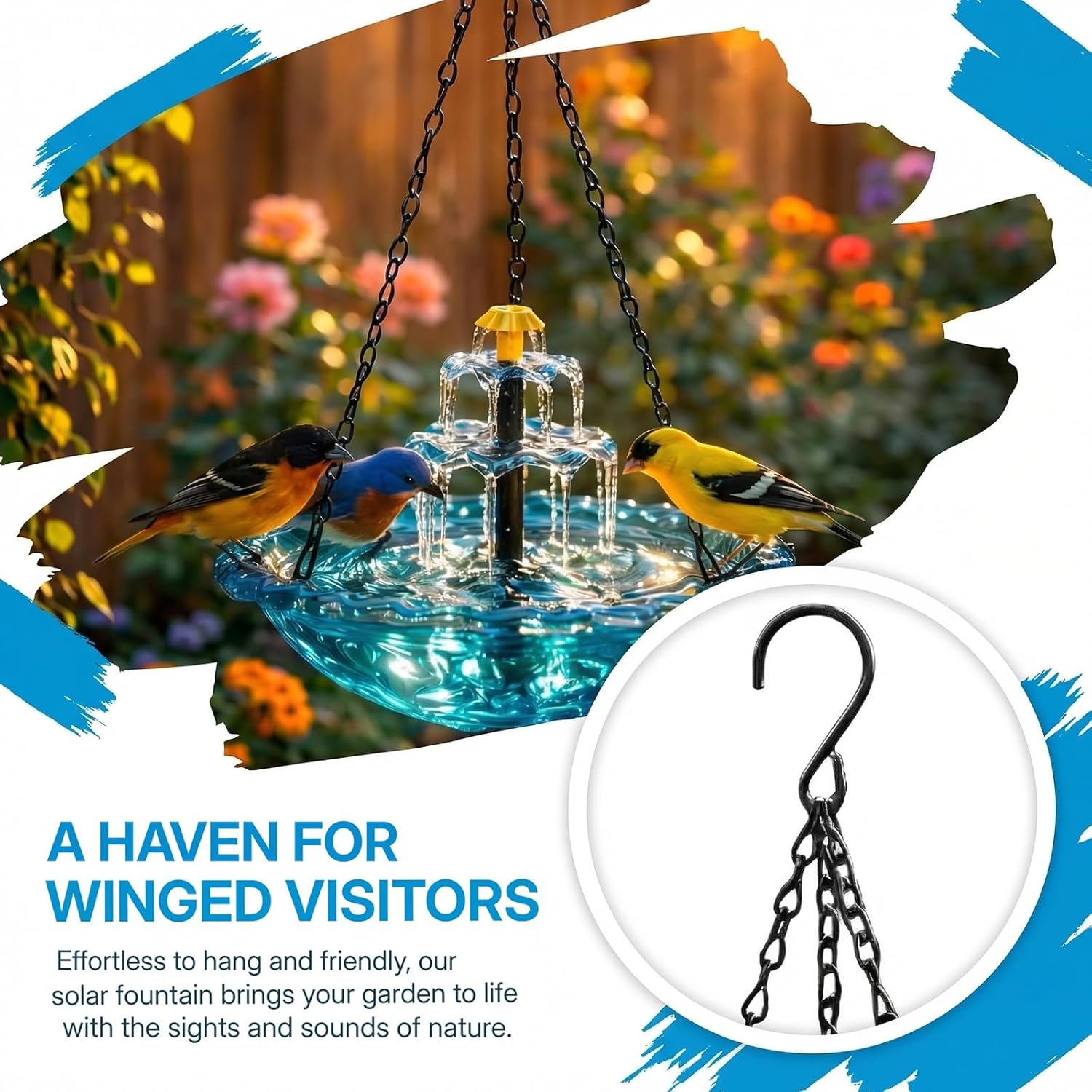 Solar Bird Bath Fountain Hanging – Solar Powered Outdoor Water Fountain for Birds,Hanging Bird Bath with Water, Easy Setup Garden Decor for Patio, Balcony, Backyard (Blue)